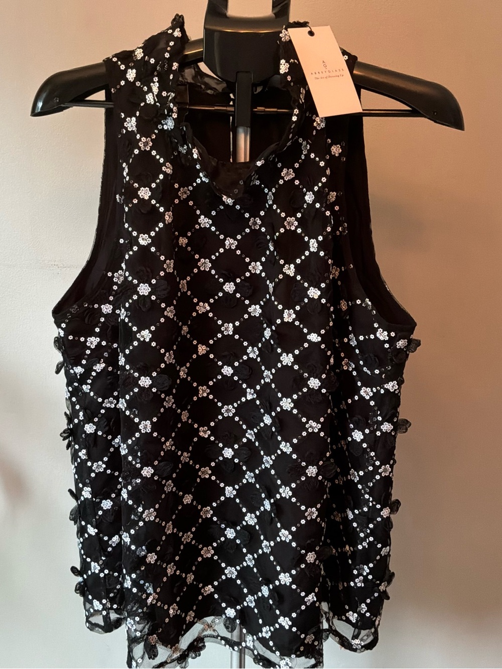 Abbey Glass Rory Sequin Halter Top Blouse Women 2XL Black White Lace